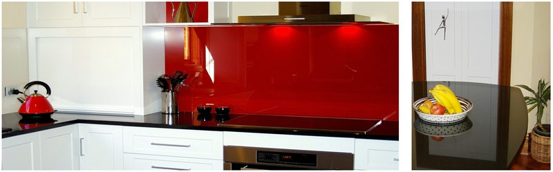 A Black and White Kitchen Renovation at McLaren Vale with two tone glass splashbacks, made by Compass Kitchens